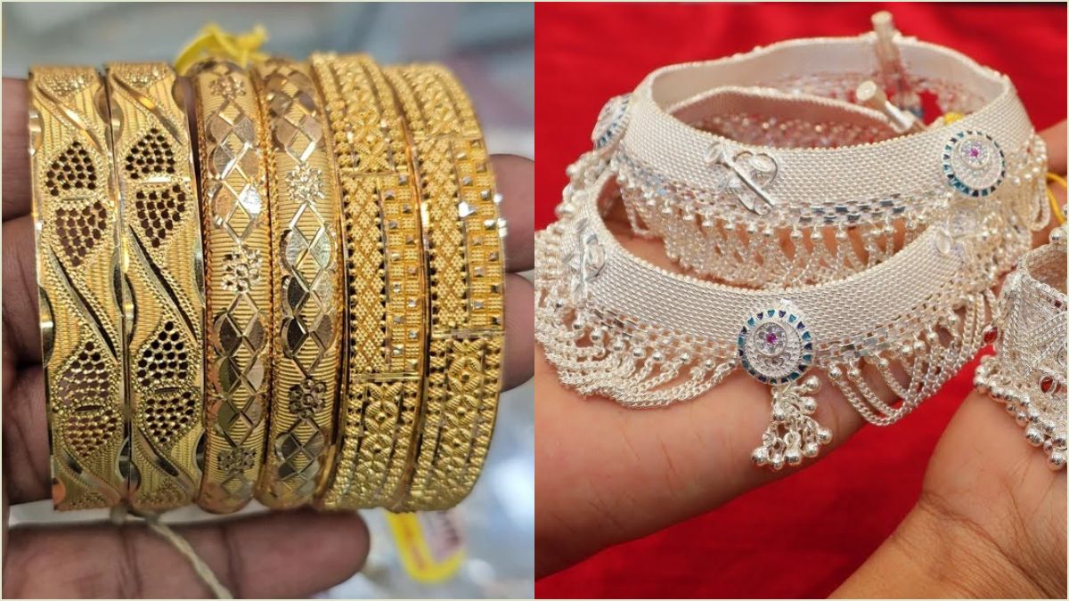 Premium gold jewelry necklaces and fine silver bars neatly stacked on a traditional financial weighing scale dashboard layout.