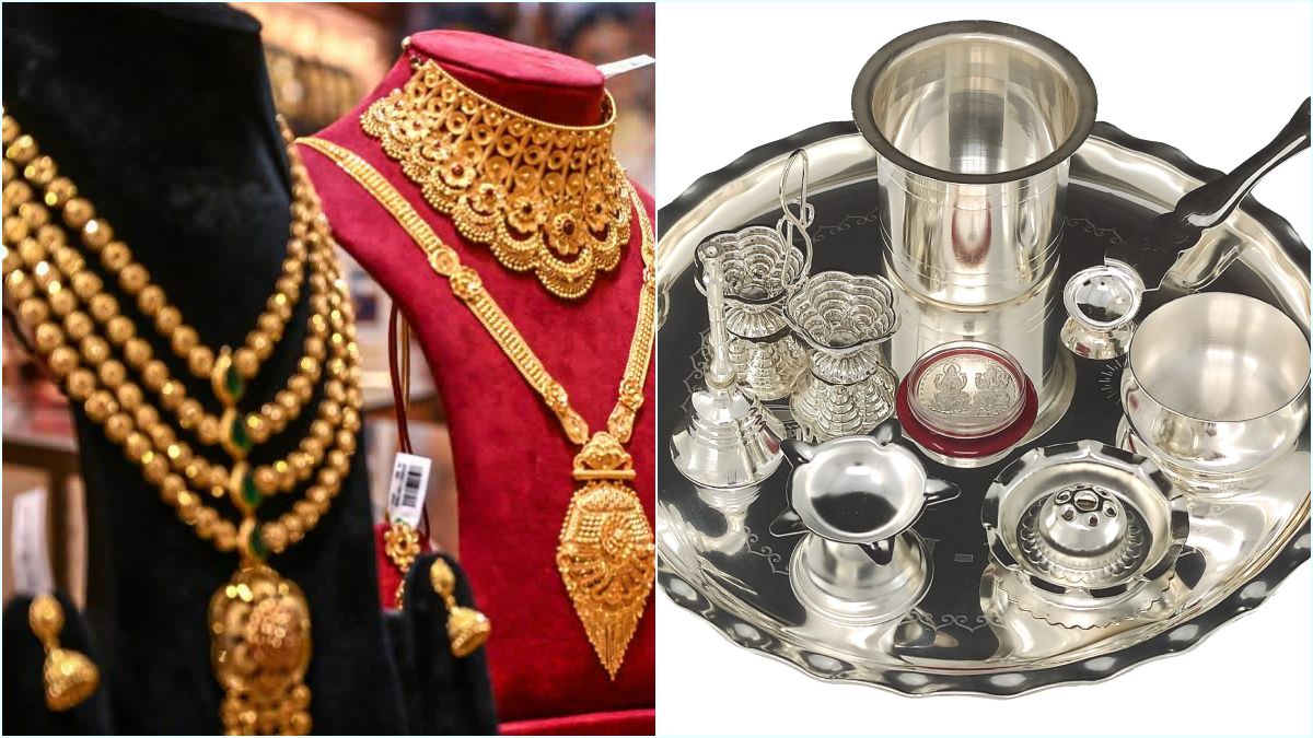 Gold jewelry and silver bars placed together displaying the daily market rate updates in Chennai.