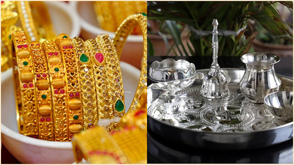 A close-up view of shiny 22-karat gold jewelry ornaments and pure silver bars kept on a financial trading chart layout.