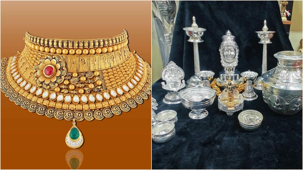 A balance scale comparing traditional gold jewelry ornaments with heavy commercial pure silver bullion bars.