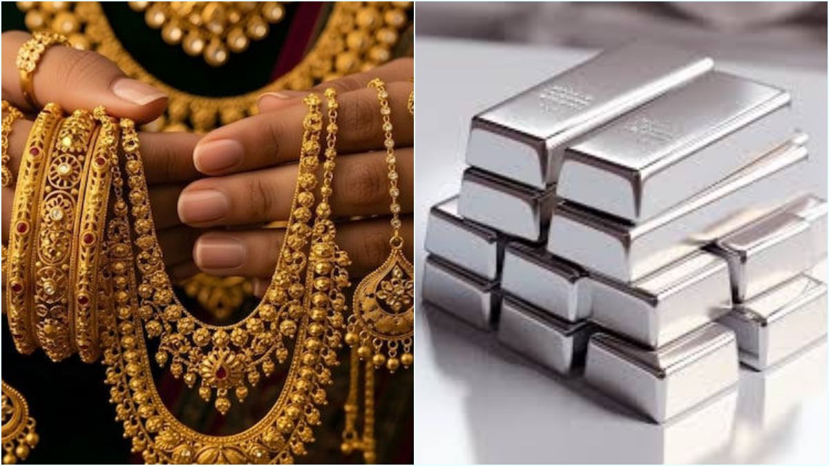 A display of gold coins and silver bricks showcasing the latest market price fluctuations in Chennai.