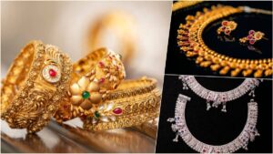 Gold jewelry items and modern silver bars displayed at a premium retail store window in Chennai after a major market price drop.