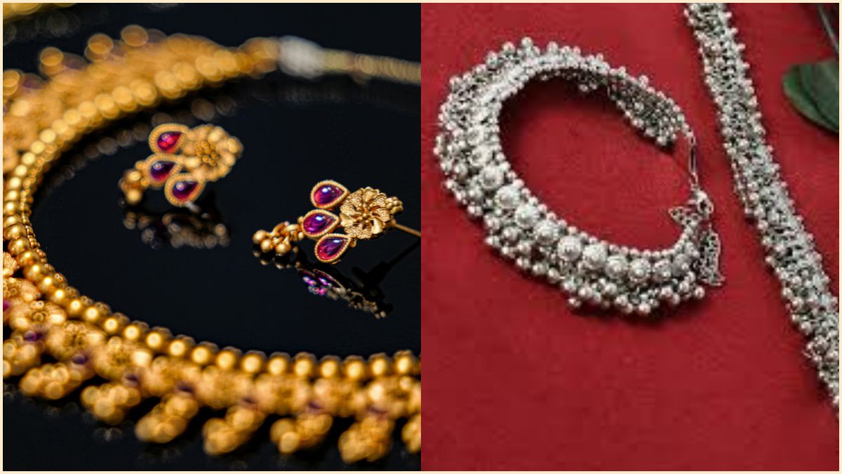 Premium gold jewelry ornaments and silver bars arranged beautifully on a velvet display counter in a Chennai retail store.