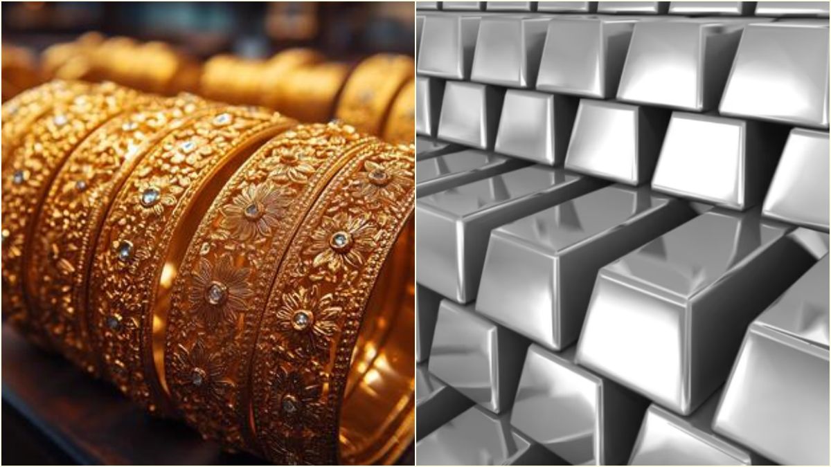 Gold jewelry items and silver bars placed neatly showing the daily rate drop in the bullion market.