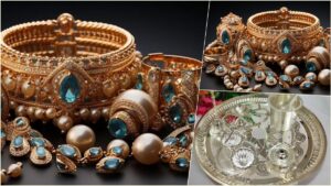 Gold jewelry and silver coins on a display counter showing stable prices in the market.
