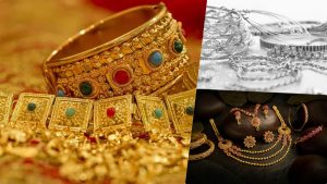Display of gold jewelry and silver items with a steady price tag for May 9, 2026.