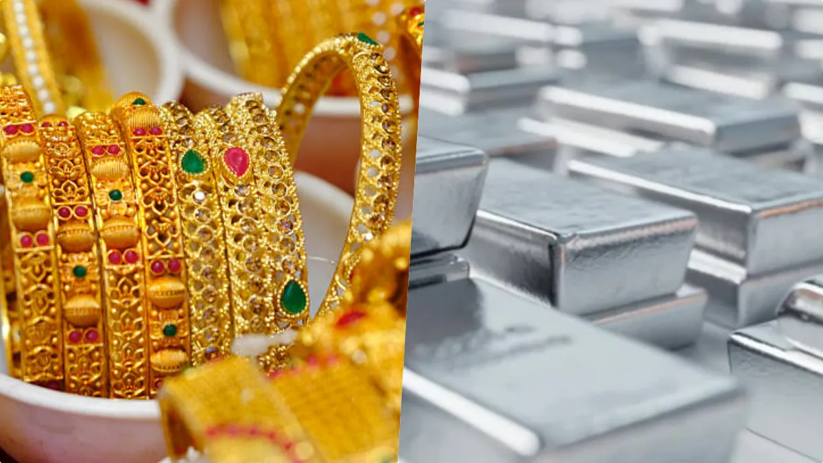 Visual showing gold coins and silver bars with today's price comparison.