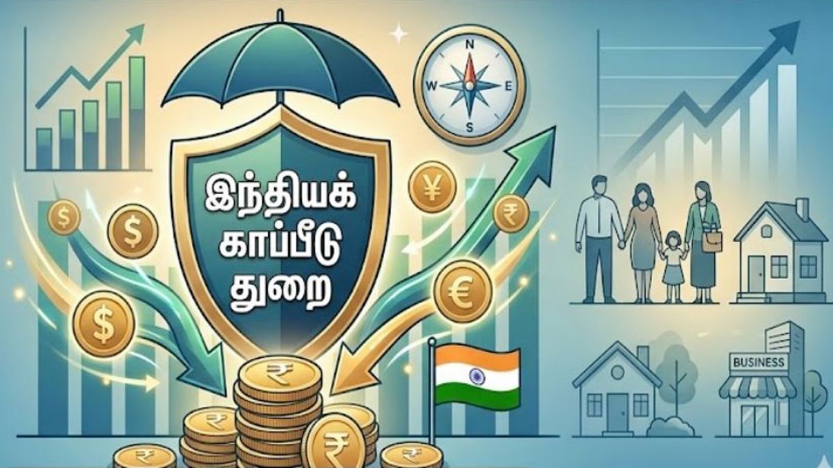 A conceptual business visual showing a shield representing the Indian insurance sector with global currency symbols and a separate locked icon for LIC.