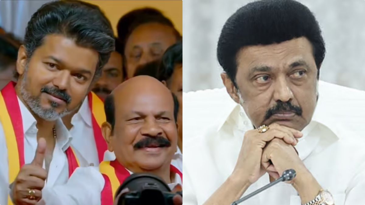 TVK candidate V.S. Babu celebrating his victory in the Kolathur constituency against M.K. Stalin.