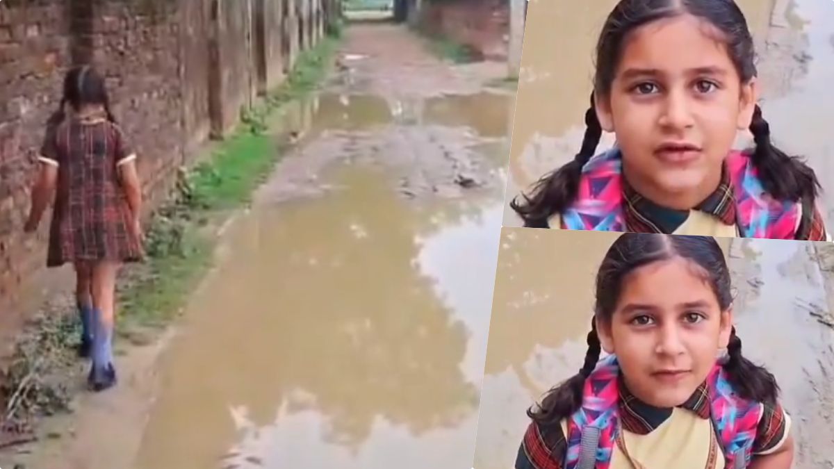 A 6-year-old girl standing on a muddy road in Lakhimpur Kheri requesting the DM for road repairs.