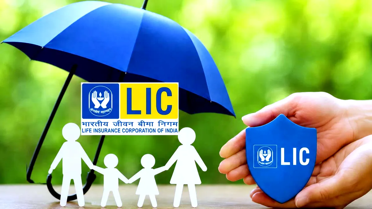 A corporate graphic representation of LIC India building showcasing the announcement of New Jeevan Sathi joint couple insurance schemes.