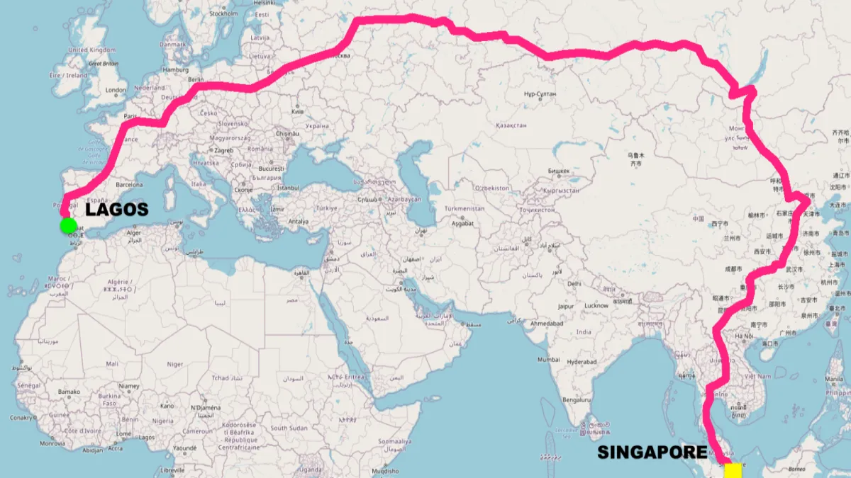 An international passenger train moving through a scenic cross-border mountain railway network connecting Europe and Asia with a fact-check stamp.