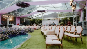 An intimate, elegantly decorated minimalist micro wedding ceremony with close family members.