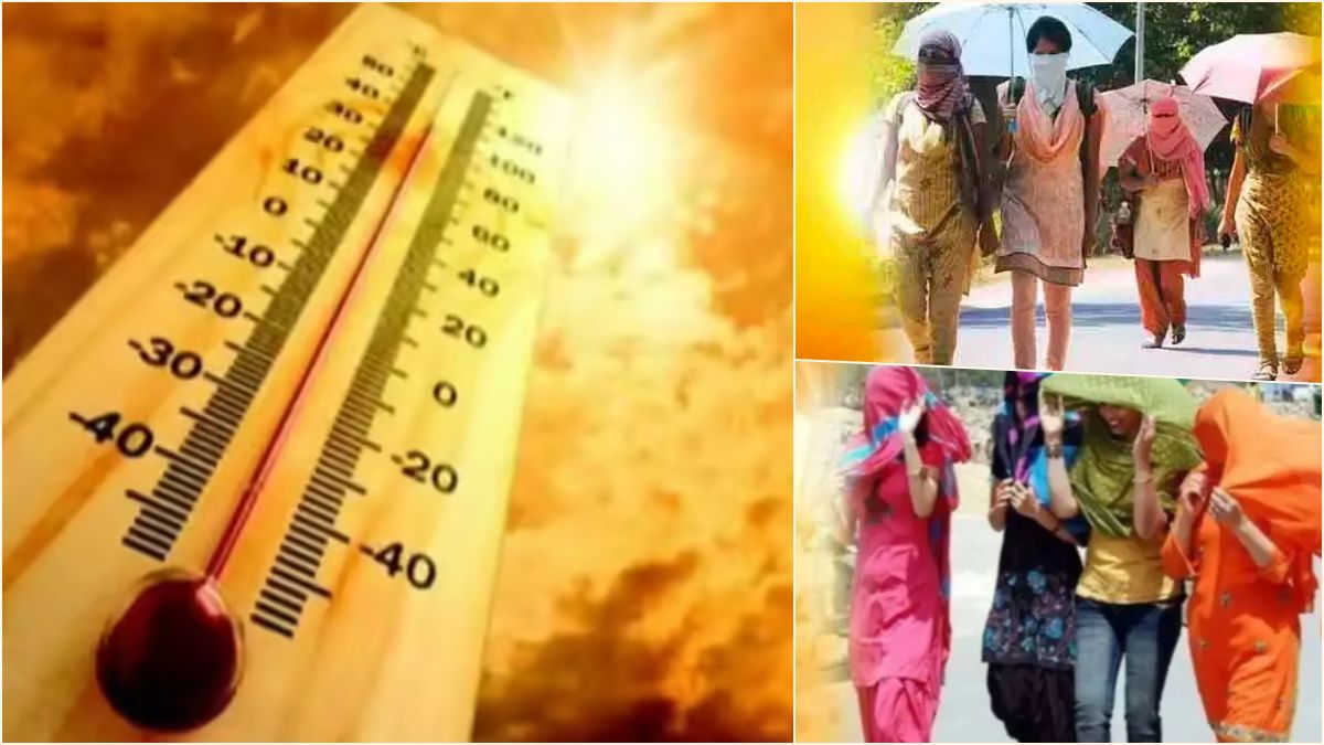 A hot sunny day on a busy main road in Chennai with pedestrians holding umbrellas to protect themselves from high heatwave conditions.