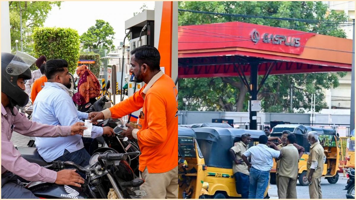 A busy fuel station in Chennai displaying updated pricing charts for petrol, diesel, and compressed natural gas dispensers.