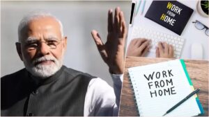 Graphic representation of a person working from home with PM Modi’s quote on national economy.