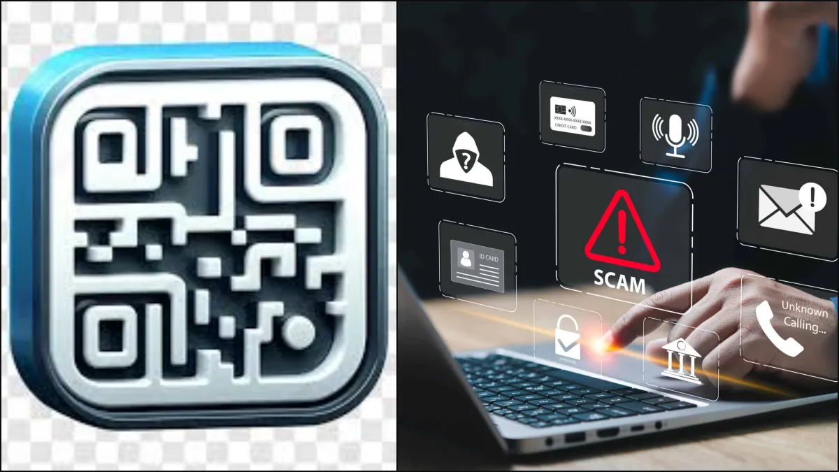 Illustration of a person scanning a malicious QR code on an email, leading to data theft.