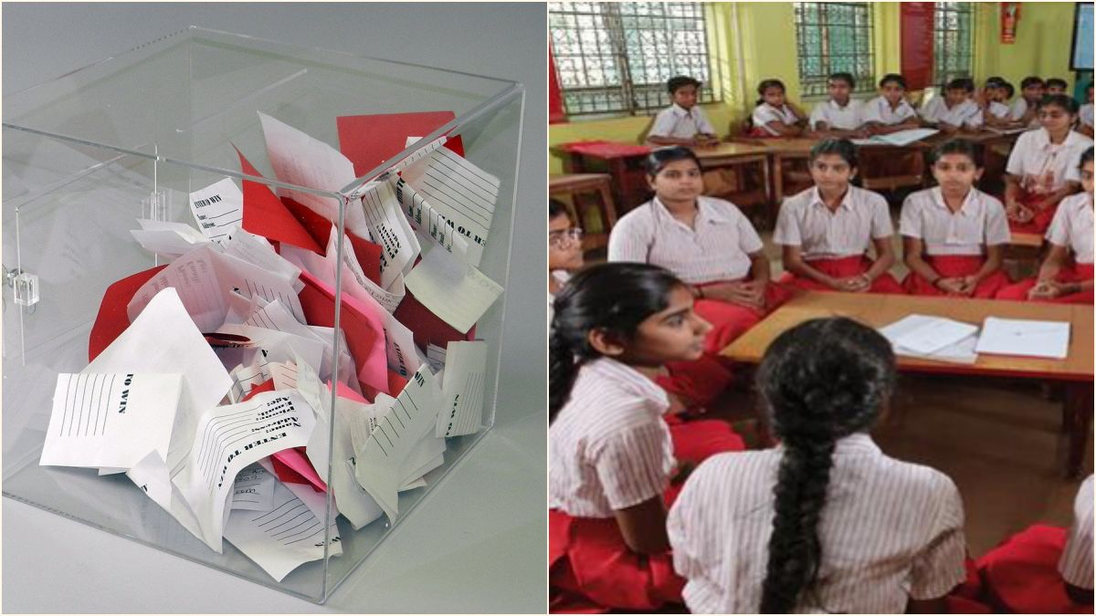 An official selection committee drawing chits transparently from a lottery box in front of anxious parents inside a school hall.