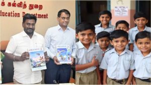 Tamil Nadu School Education Minister Rajmohan speaking formally at a press conference layout about government school welfare projects and TET time extensions.
