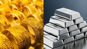 Gold bars and silver coins displayed with a stable market trend graph for May 4, 2026.