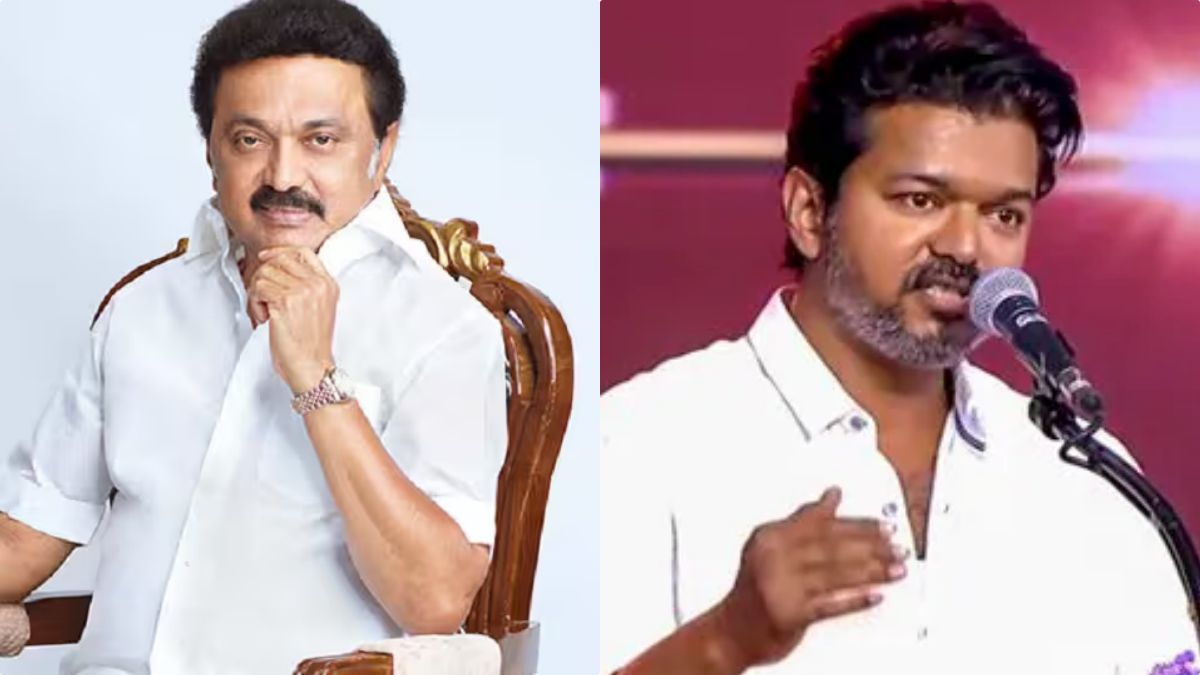 Graphic representation showing DMK leader M.K. Stalin and TVK leader Vijay with headlines about government formation support.