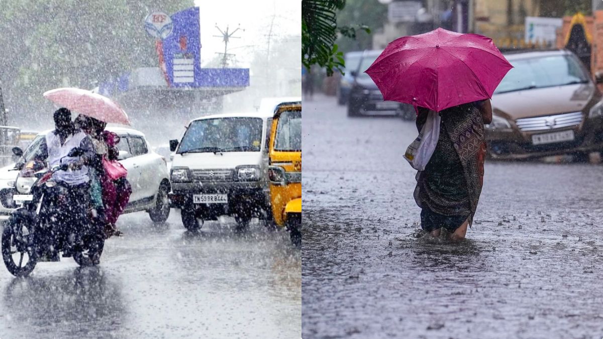 Rain clouds over Tamil Nadu map with a list of districts warned for heavy rainfall.