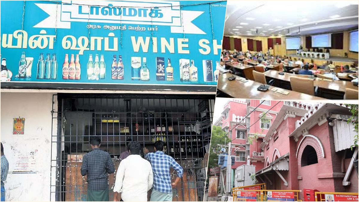 Exterior view of a crowded government-run Tasmac retail liquor outlet in Chennai under administrative surveillance.