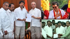 "திமுக கூட்டணியில் இருந்து காங்கிரஸ் வெளியேற்றம்!" தவெக-வுடன் புதிய கூட்டணி அமைத்தது காங்கிரஸ்; அமைச்சரவையில் பங்கு கொடுத்து அசத்திய விஜய்! Congress leaders handing over the support letter to TVK leader Vijay in Tamil Nadu.