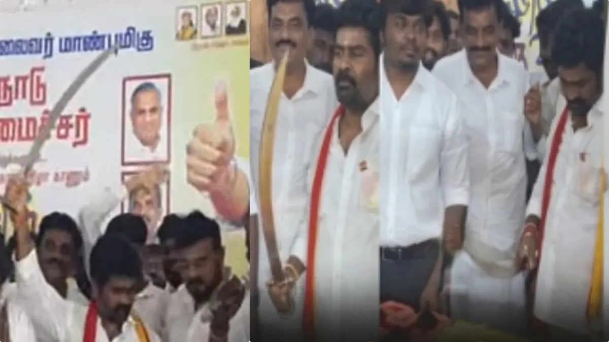 Complaint copy or visual news card regarding the complaint against TVK MLA Vijay Thamu for cutting a cake with a sword.