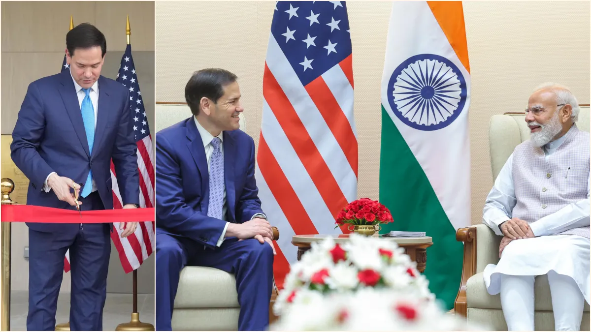US Secretary of State Marco Rubio shaking hands with Indian Prime Minister Narendra Modi during a high-profile diplomatic meeting in New Delhi.