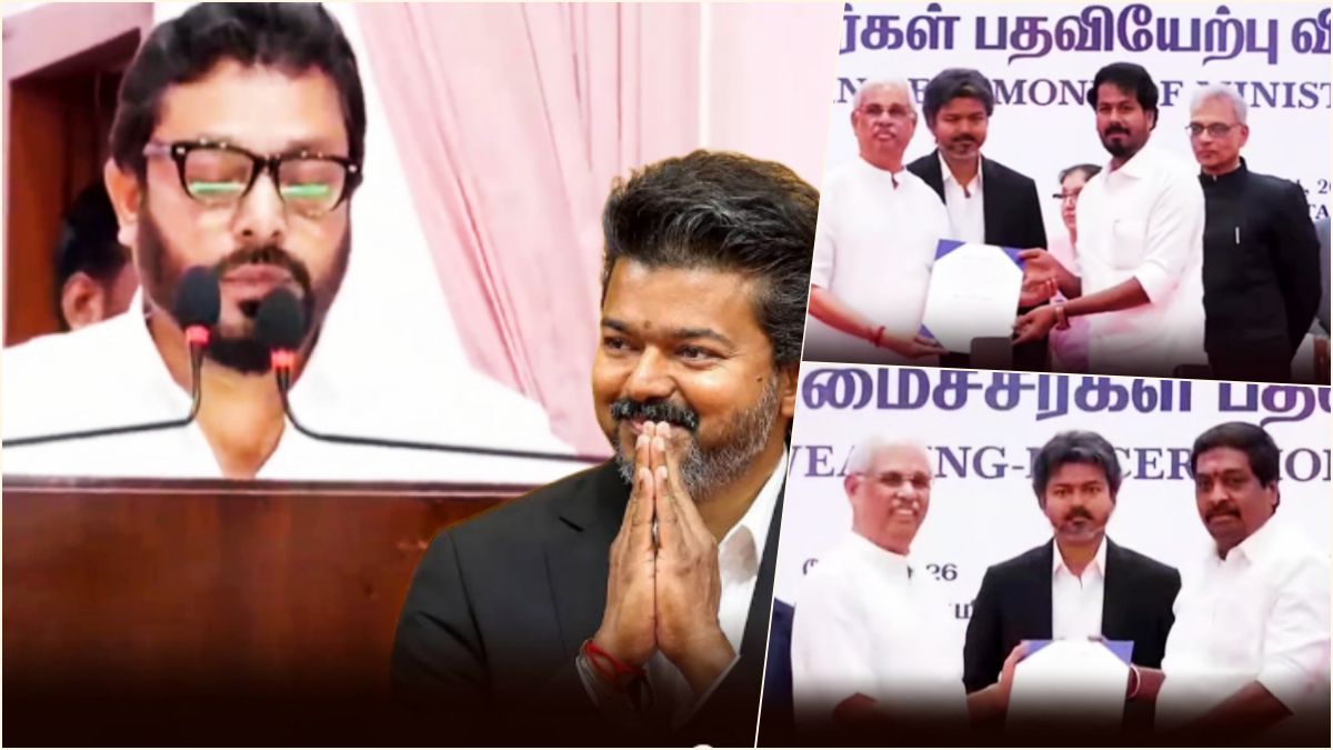 Tense political reactions and official assembly proceedings at the Tamil Nadu cabinet expansion ceremony over song protocol shifts.