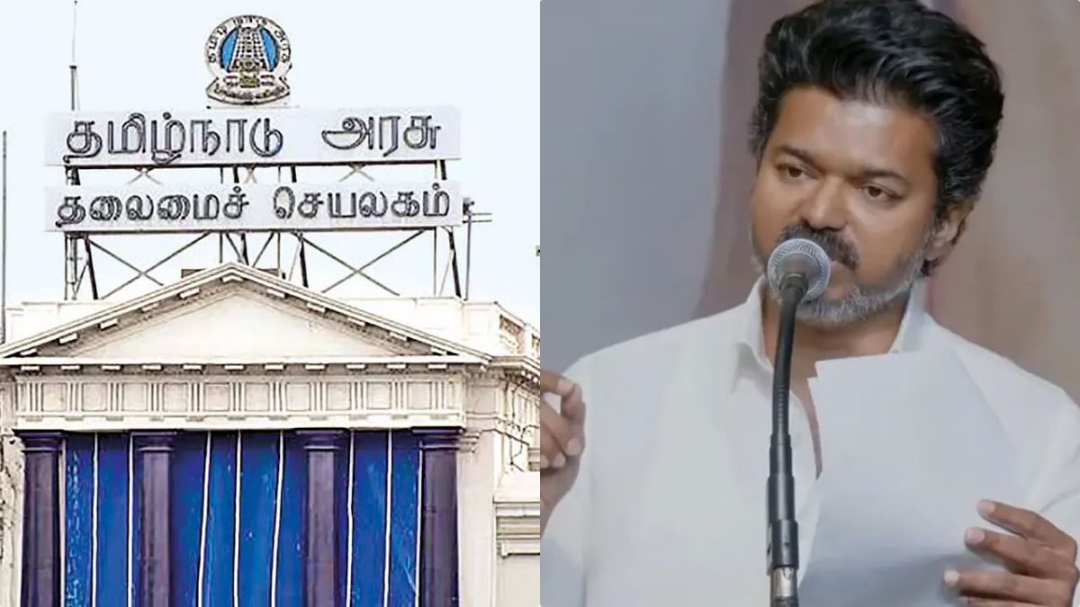 Actor Vijay standing near the Tamil Nadu Secretariat building, symbolizing his potential role as Chief Minister.