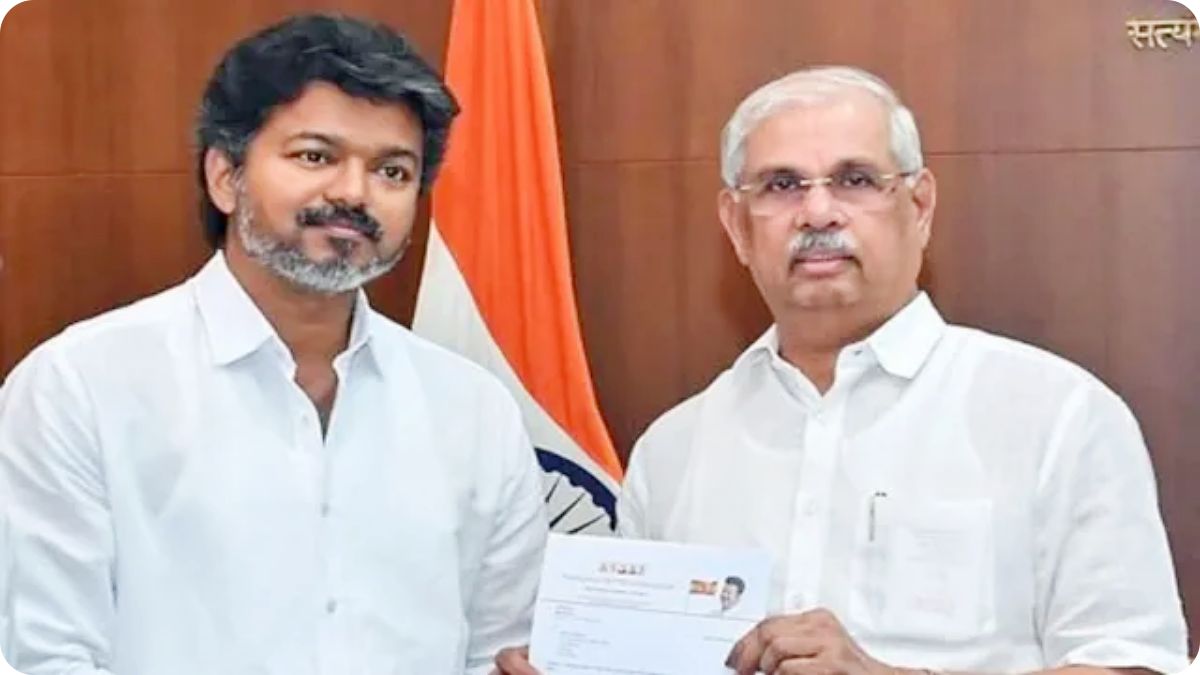TVK leader Vijay heading to Raj Bhavan to meet the Tamil Nadu Governor for the third time regarding government formation.