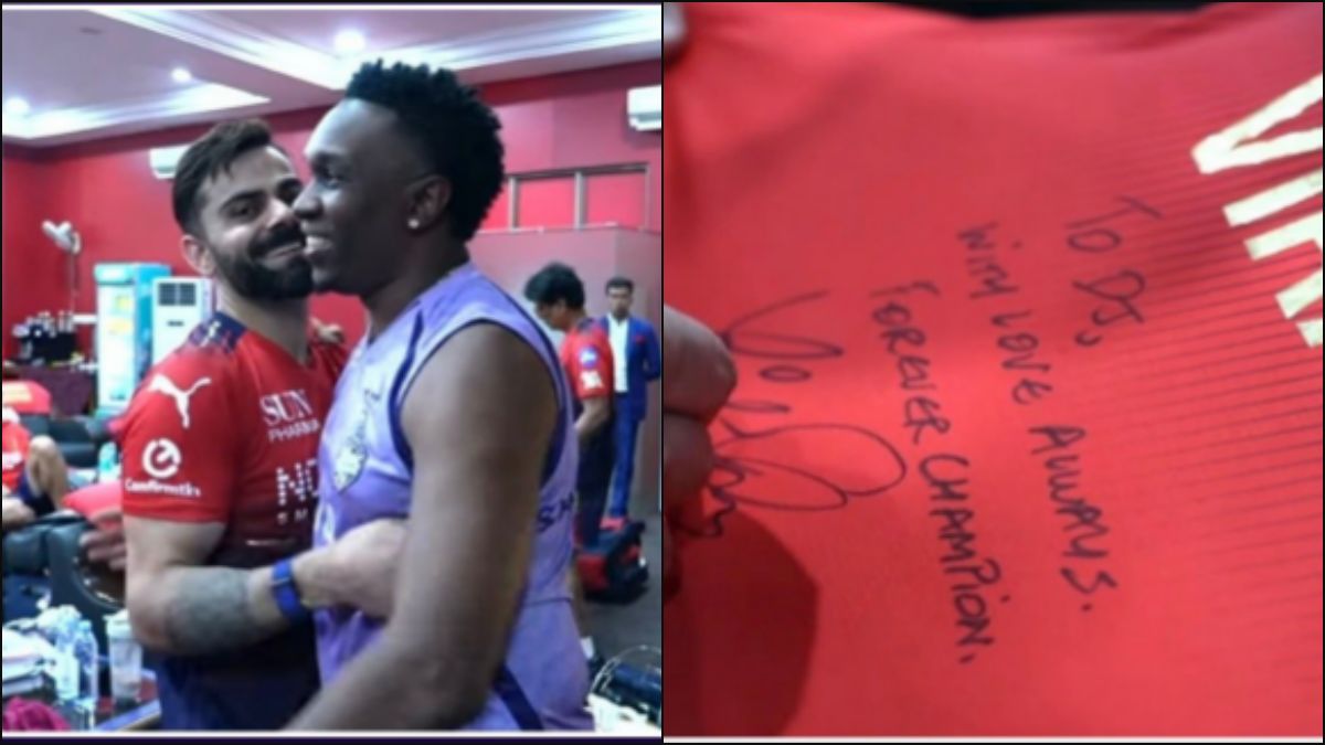Virat Kohli presenting his signed Indian Premier League jersey to Dwayne Bravo during a friendly post-match interaction.