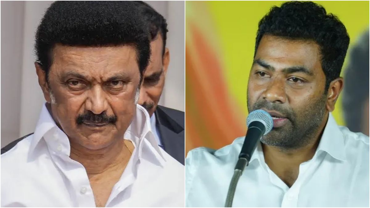 Split banner creative showcasing Tamil Nadu PWD Minister Aadhav Arjuna addressing a press meet on the left and DMK President M.K. Stalin on the right, overlaid with a conceptual legal notice document and court scales.