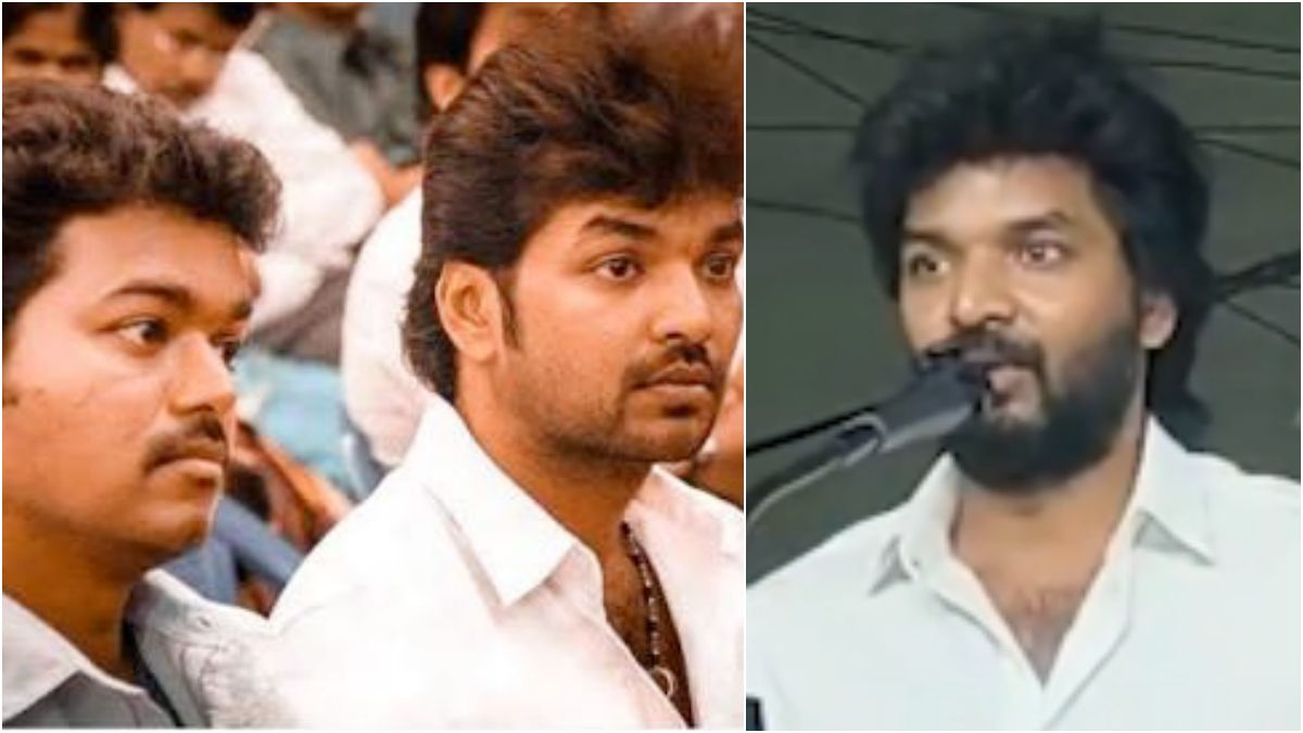 Popular youthful regional cinema actor addressing a vibrant public political gathering under dynamic festival lighting arrangements.