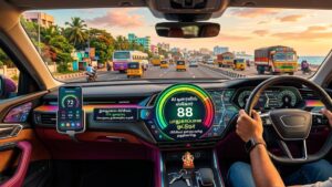 A smart car dashboard displaying an AI driving score meter and telematics data connected to a mobile application.