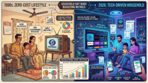 A creative conceptual split illustration comparing a nostalgic 1990s family watching a free Doordarshan television set with a modern 2026 household surrounded by multiple digital subscription screens and financial billing receipts.