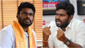 Annamalai speaking seriously during an official press conference addressing regional administration and policy reforms.