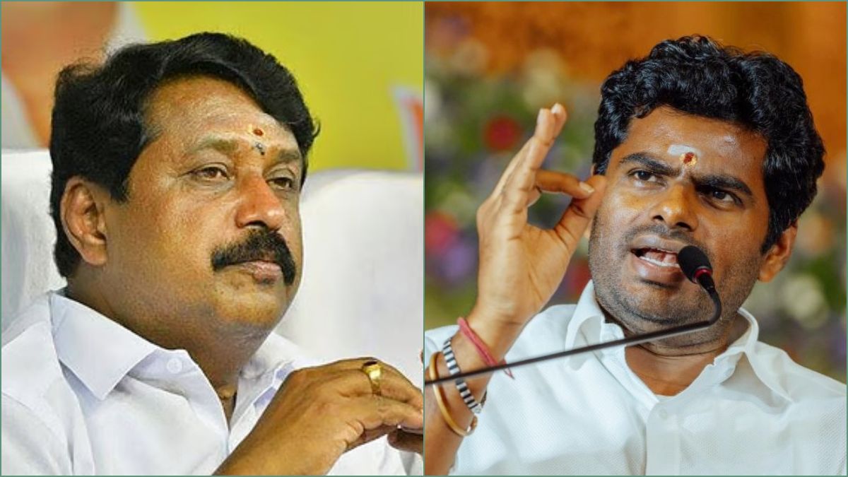 A close-up shot of a regional political representative addressing media microphones during a heated debate session in Chennai.