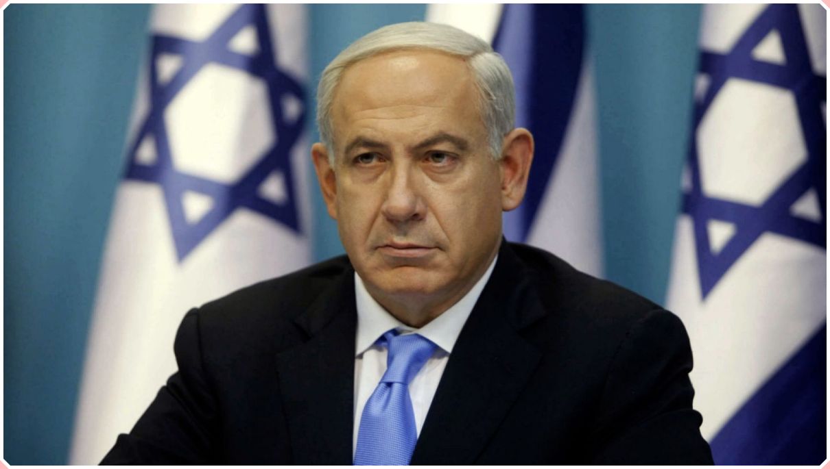 A close-up profile layout of Israeli Prime Minister Benjamin Netanyahu looking thoughtful during an international press conference.