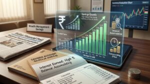 Digital rendering of banking growth charts, currency symbols, and interest accumulation concepts over financial savings accounts.