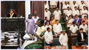 A wide high-angle professional shot of the interior council hall of Ripon Buildings during an active assembly session of the Greater Chennai Corporation.