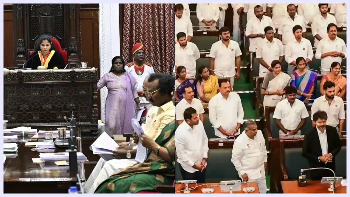 A wide high-angle professional shot of the interior council hall of Ripon Buildings during an active assembly session of the Greater Chennai Corporation.