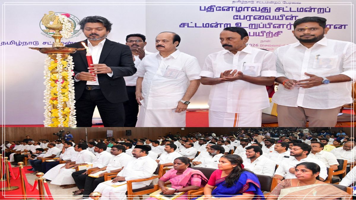 Tamil Nadu Chief Minister Joseph Vijay arriving with official security convoy at Kalaivanar Arangan in Chepauk, Chennai for the MLAs orientation program valedictory.