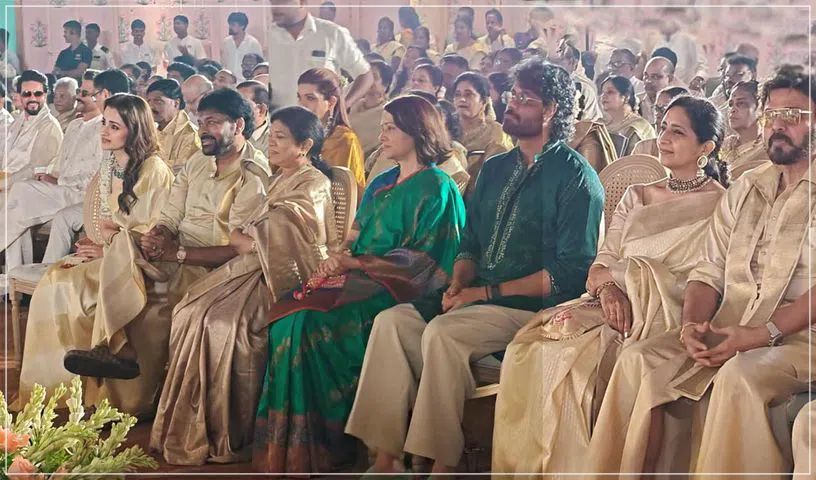 Tollywood actors Chiranjeevi, Nagarjuna, Venkatesh, Amala Akkineni, and actress Trisha Krishnan wearing elegant ethnic clothing while attending Avantika Sundar and Shravan Sreenivasan's wedding in Goa.