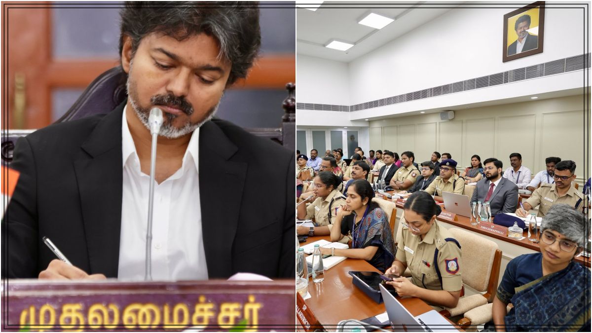Chief Minister C. Joseph Vijay delivering a keynote address from a 9-page speech document during the two-day high-level conference of IAS and IPS officers in Chennai.