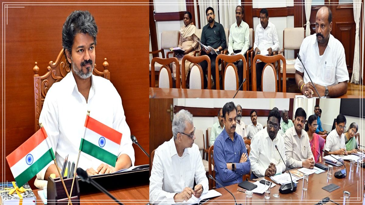 Tamil Nadu Chief Minister Joseph Vijay presiding over a high-level transport department review meeting with ministers and IAS officers inside the Secretariat conference hall in Chennai.