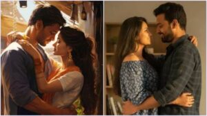 A warm and premium candid aesthetic photograph of a happy married South Indian couple sharing a joyful affectionate moment together inside a softly lit living room.