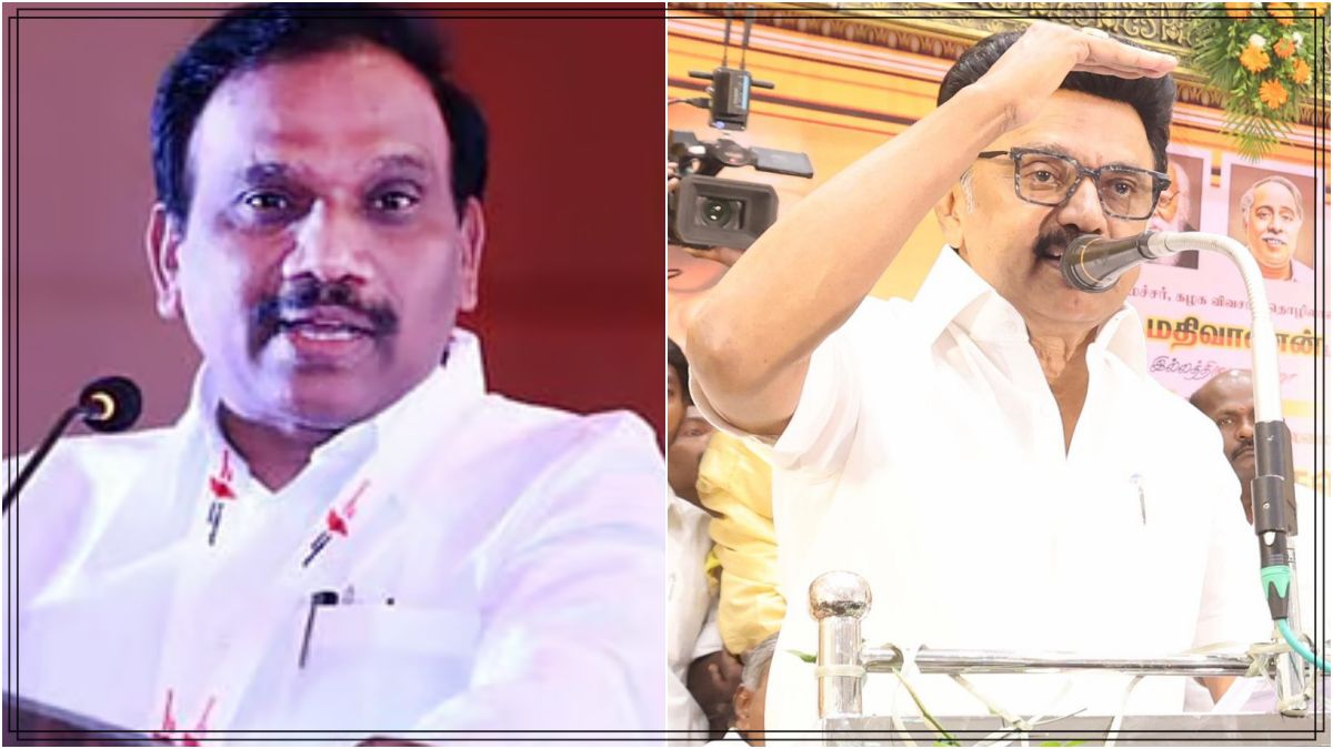Senior DMK leader A Raja addressing a major political gathering passionately next to political banners.